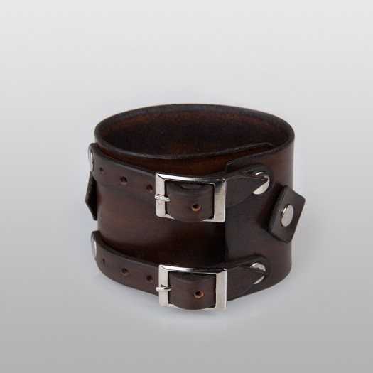 Double buckle leather wrist band (Brown)