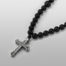 Oz Abstract Tokyo Nite Necklace with onyx and silver cross on left view.