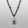 Onyx beads silver, gold and brass on of a kind necklace by Oz Abstract Tokyo vertical view.