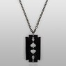 Razor blade necklace with ruthenium treatment.