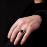Oz Abstract R9324 XO on male model. Sterling silver ring with onyx and zirconia.