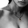 Oz Abstract Tokyo Lightning Bolts necklace brass and silver version on female model.