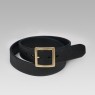 Brass buckle black leather belt by Oz Abstract Tokyo. Front view. 