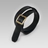 Brass buckle black leather belt by Oz Abstract Tokyo. Front view. 