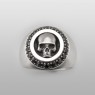 Silver skull ring encrusted with black zirconia up straight view.