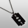 Razor blade necklace with ruthenium treatment.