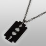 Razor blade necklace with ruthenium treatment.